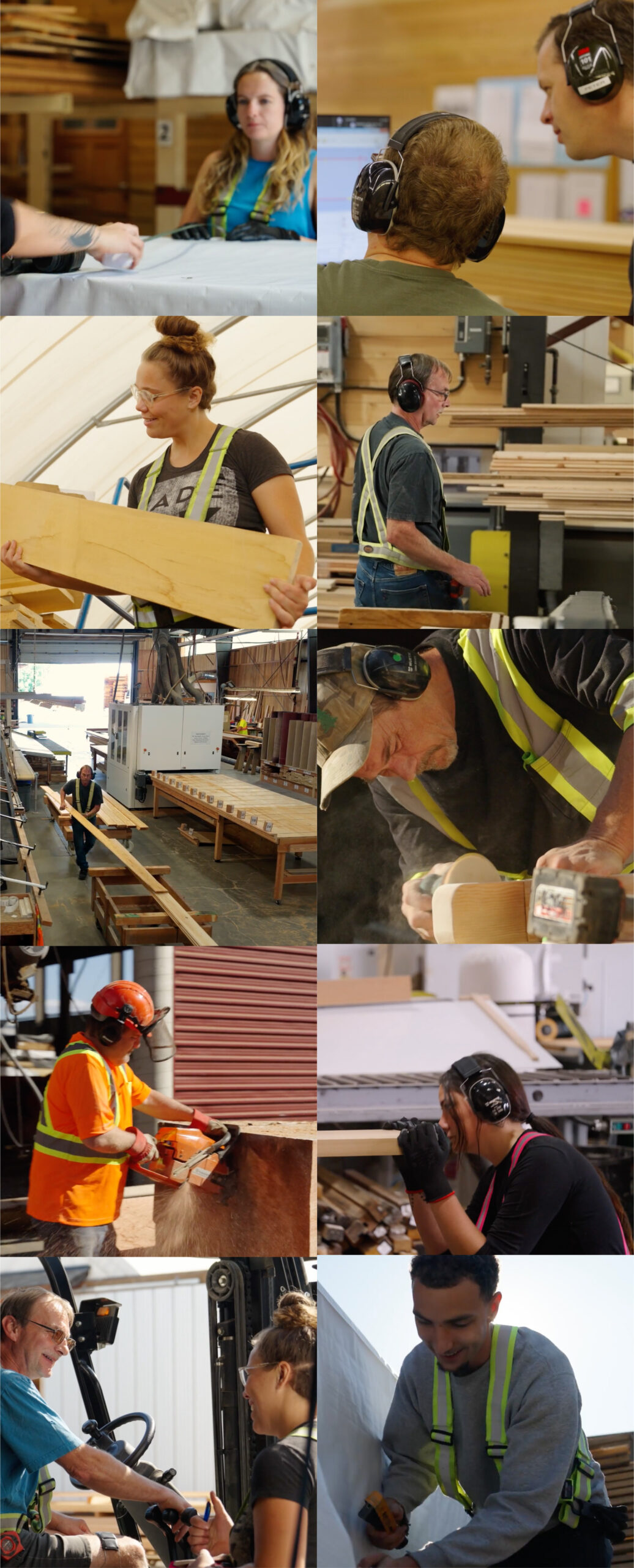 A collage of workers in safety gear performing various tasks in a woodworking and construction environment, including measuring, cutting, and transporting materials.