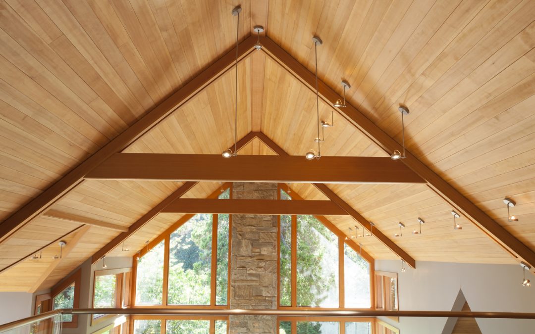 Vaulted wooden ceiling with exposed beams, modern track lighting, large triangular windows, and a stone chimney, overlooking trees outside.