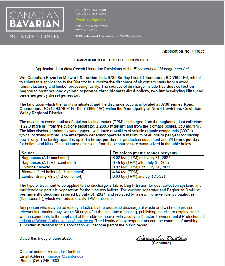 Environmental Protection Notice from Canadian Bavarian Millwork & Lumber regarding air contaminant discharge permit application, with details on emissions, limits, location, and contact information.